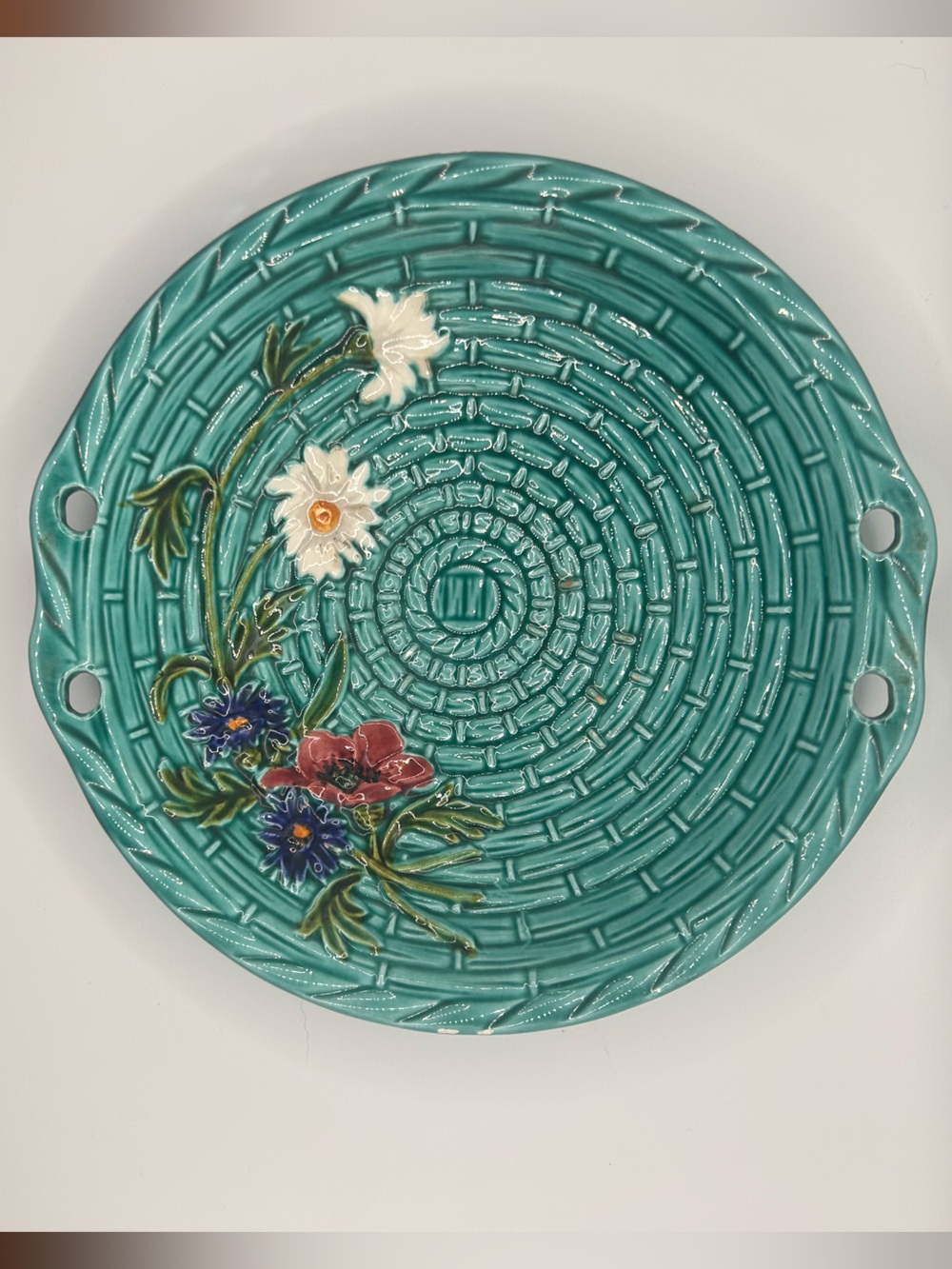 Vintage SMF Schramberg Majolica Floral Wall Plate Turquoise Basketweave – German